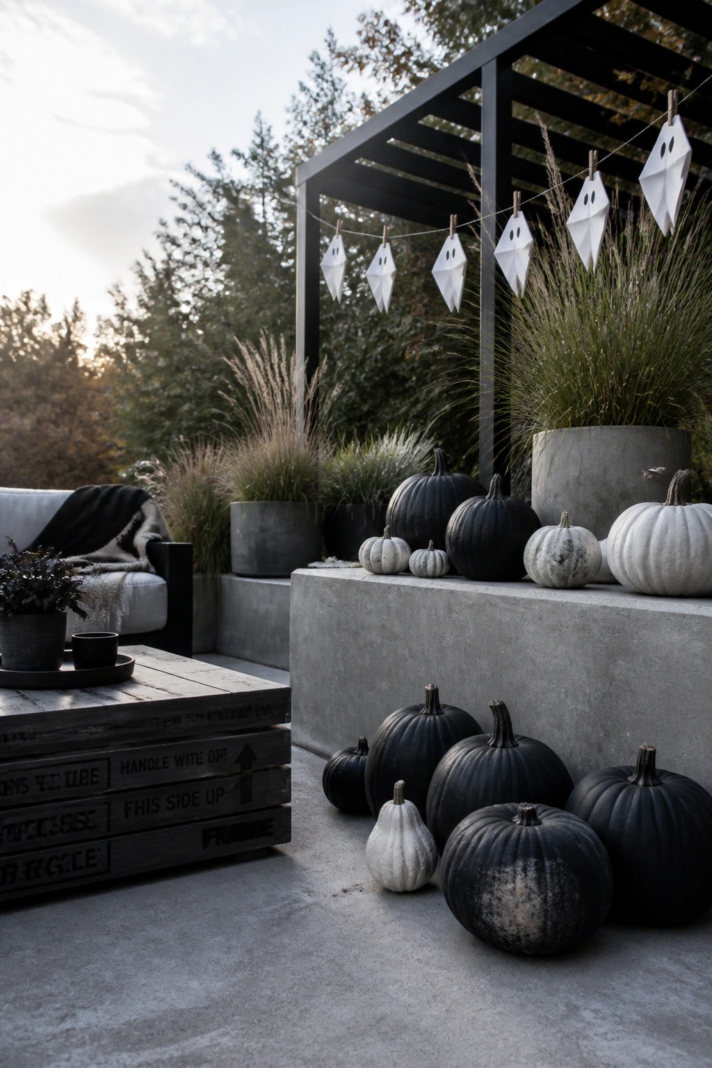 An outdoor patio area shows white paper ghost decorations clipped to a string on a black pergola, with black and white pumpkins arranged on concrete steps and the ground.