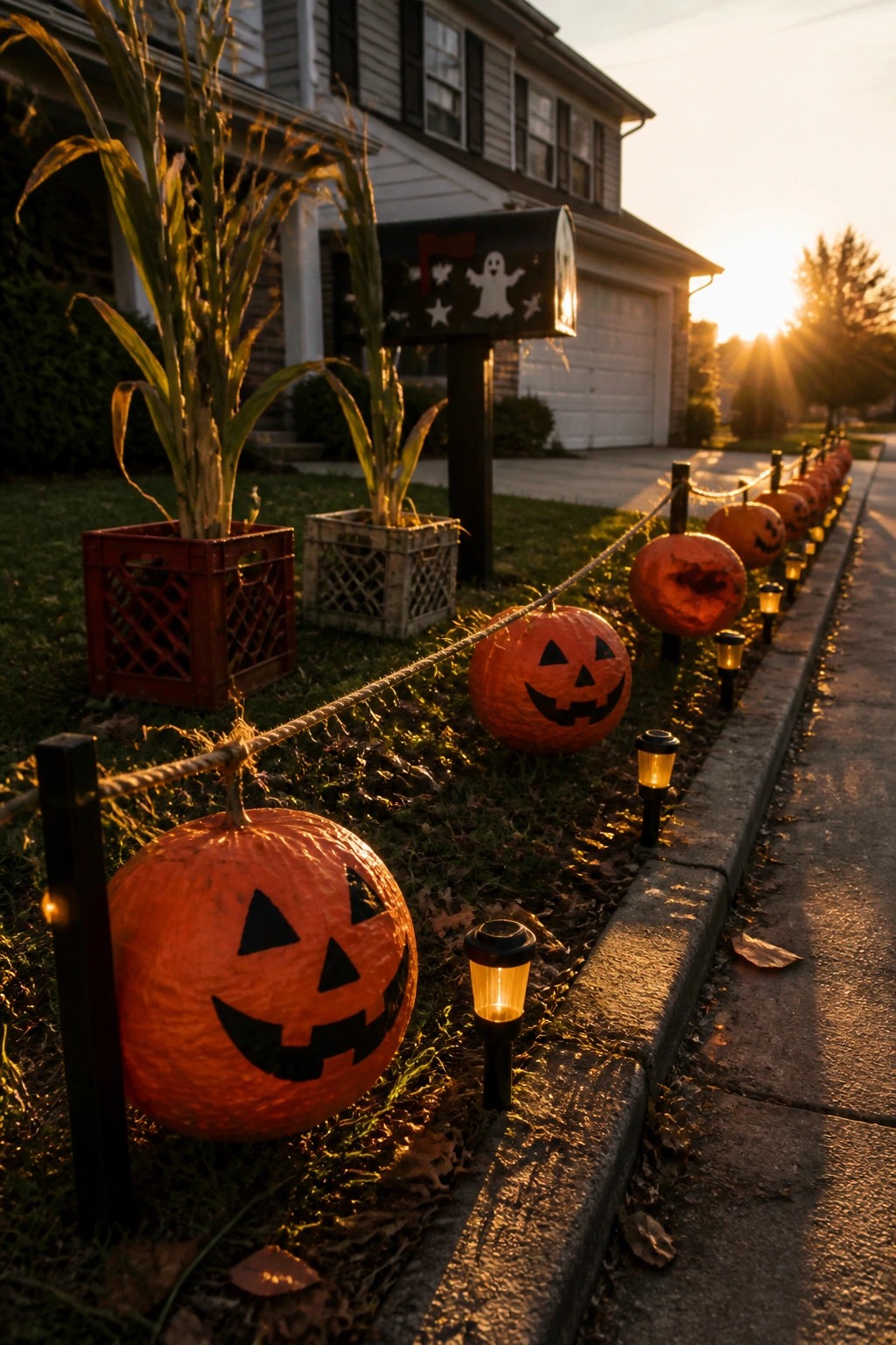 A row of carved pumpkins strung along a rope beside a house driveway, with small lights and corn stalks in crates visible nearby.