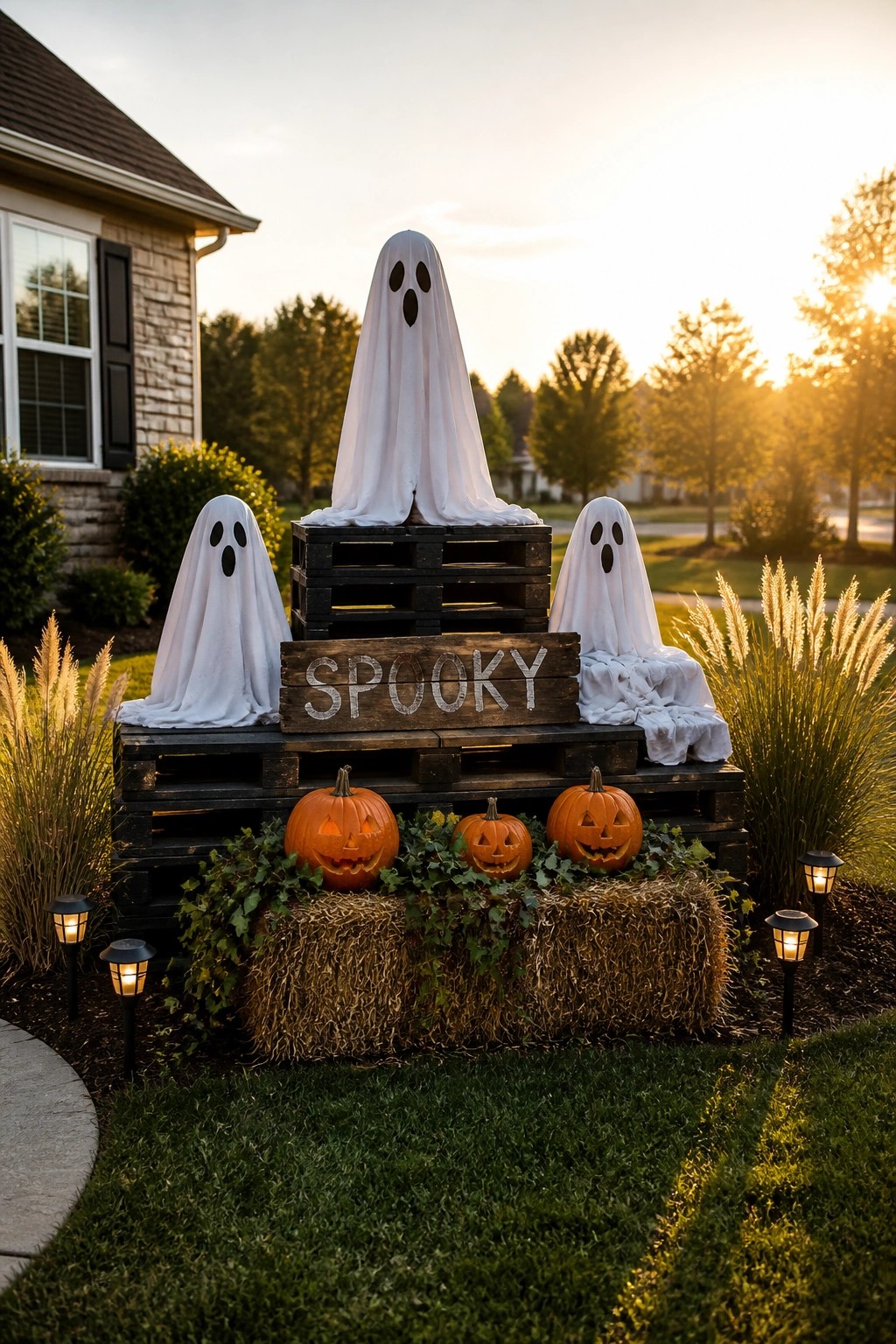 Three ghost figures made from white sheets are arranged on and around stacked wooden pallets with carved pumpkins and hay bales at the base in a front yard.