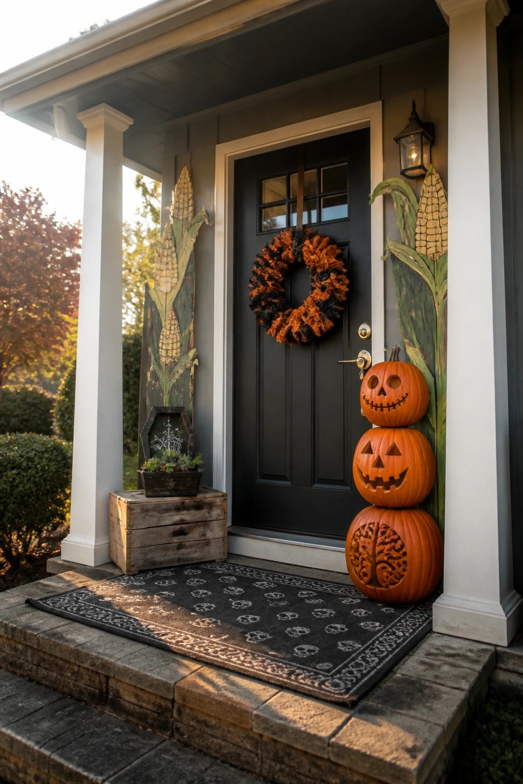 A black front door on a gray house porch with a stack of three carved pumpkins beside it, an orange and black wreath on the door, and corn stalk decorations on either side.