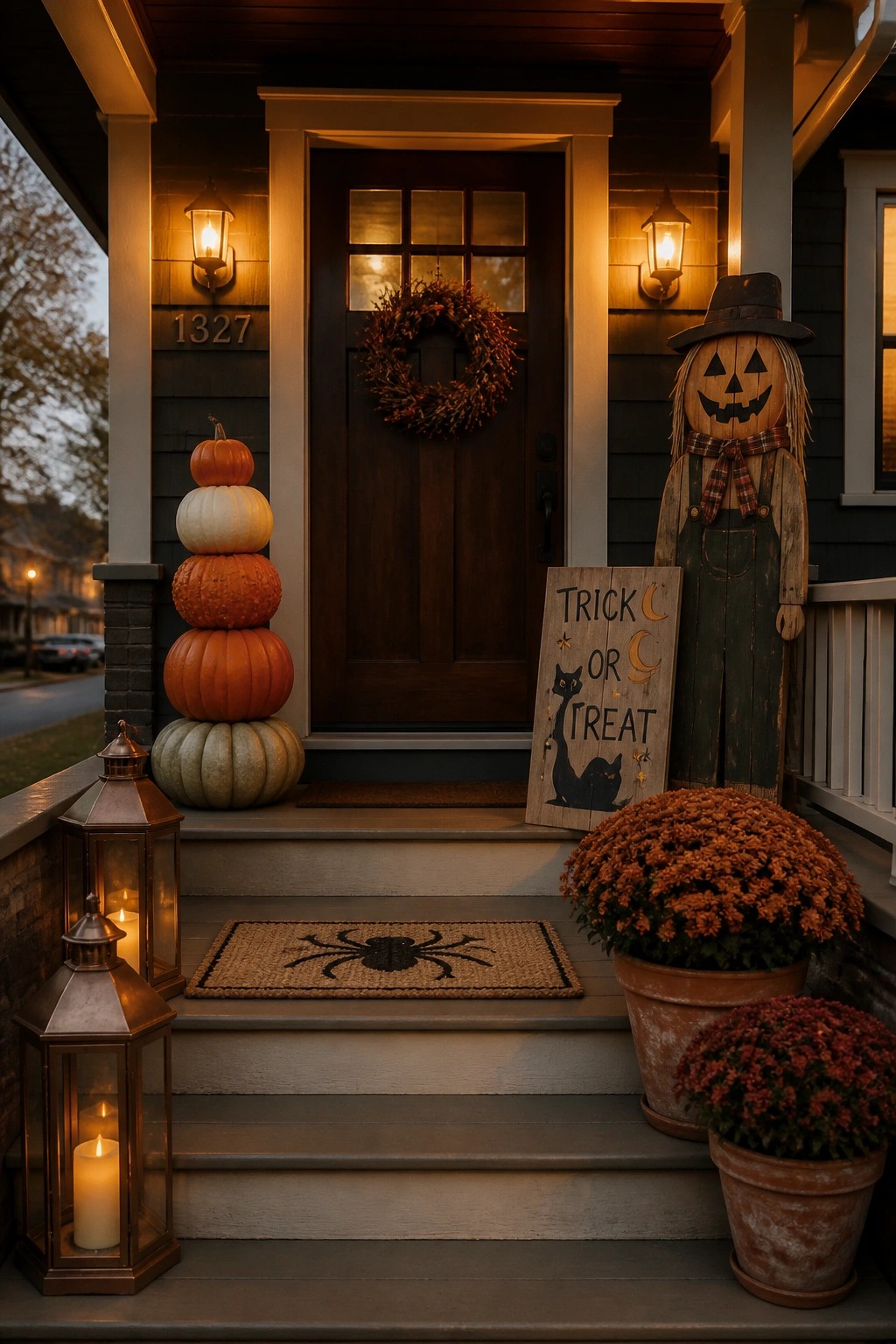 A front porch at dusk decorated with a tall stack of pumpkins beside the door, a scarecrow figure, lanterns, and a wooden trick or treat sign.