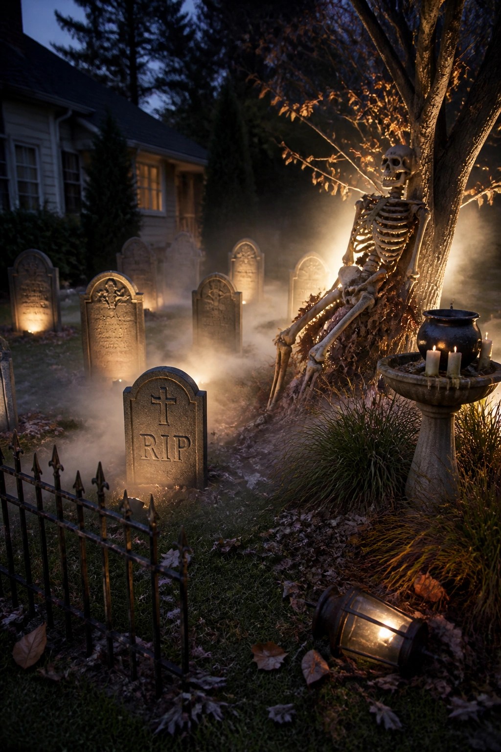 A front yard at dusk with multiple glowing tombstones scattered across the grass, a skeleton prop seated by a tree, and a lit lantern on the ground near a birdbath.