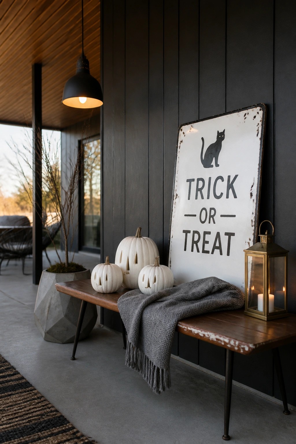 A wooden bench on a dark porch holds three white carved pumpkins, a gray fringed throw, and a lit brass lantern beside a large white 