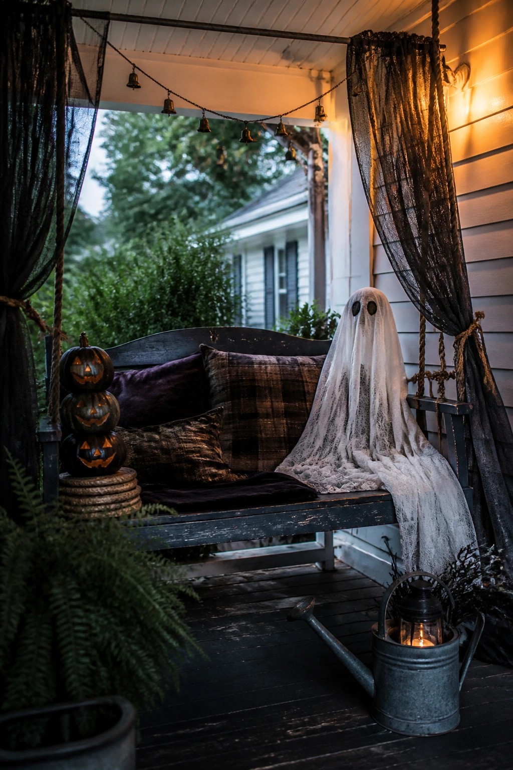 A white sheet ghost sits on a dark wooden porch swing with stacked carved pumpkins and black pillows on a house porch at dusk.