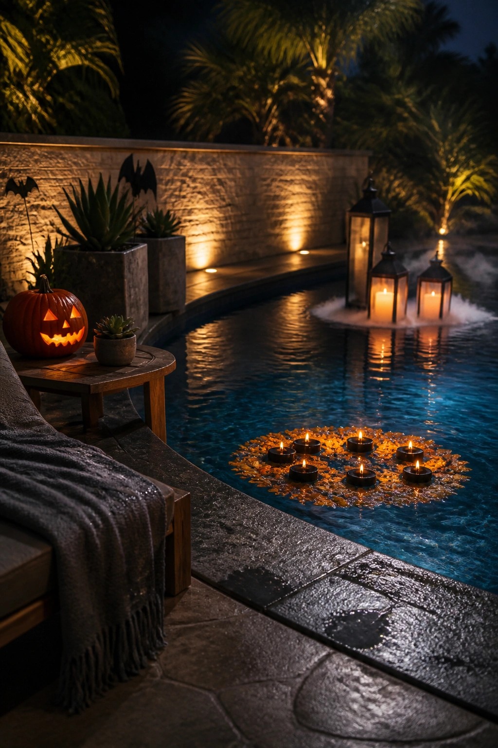 A nighttime pool scene with a circular arrangement of floating candles on the water, lanterns along the edge, and a carved pumpkin on a side table.