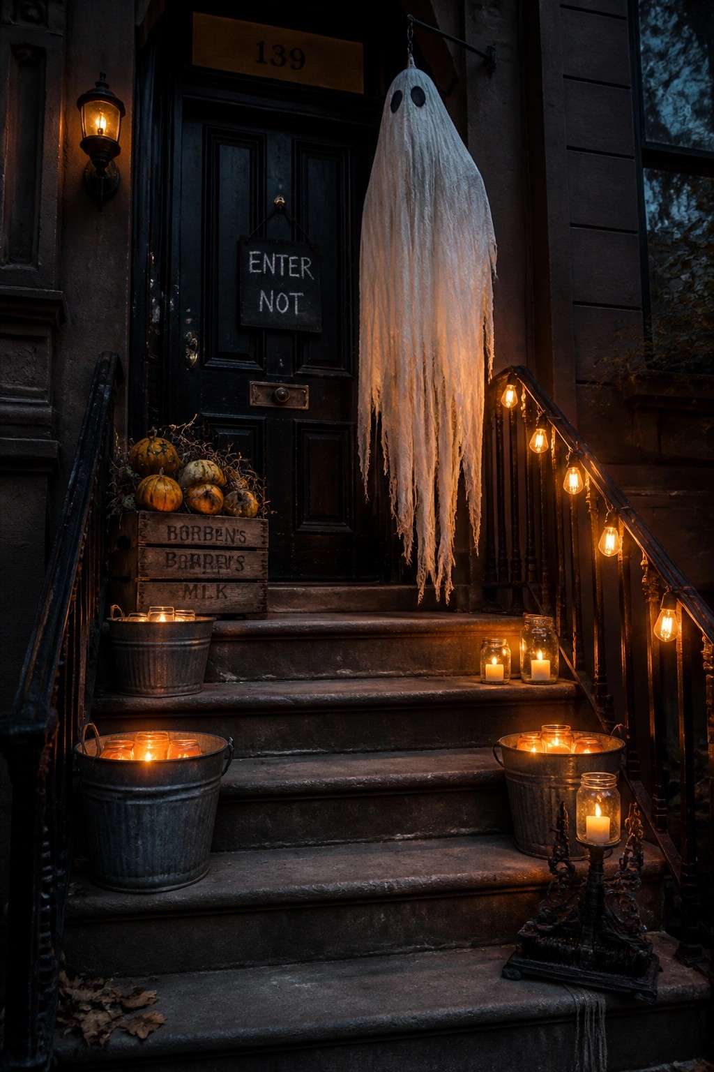A large white ghost hangs from a bracket above the front steps of a house with a dark door, a small sign, and candles placed in metal buckets on the stairs.