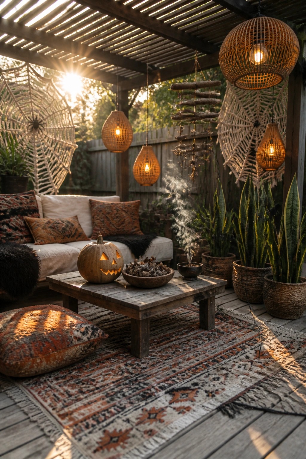 A covered wooden patio with hanging woven lanterns, macrame spider webs, a carved pumpkin on a low table, patterned rug, and potted plants.
