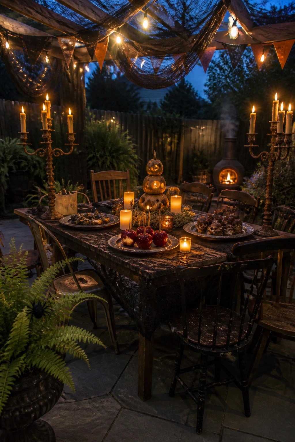 An outdoor wooden dining table set for Halloween with multiple lit candelabras, glowing stacked pumpkins, candy apples, skull plates, and string lights overhead at dusk.