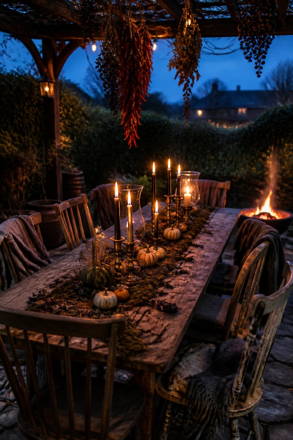 A wooden outdoor dining table at dusk set with black candles, small pumpkins, moss, and dried hanging plants near a fire pit.