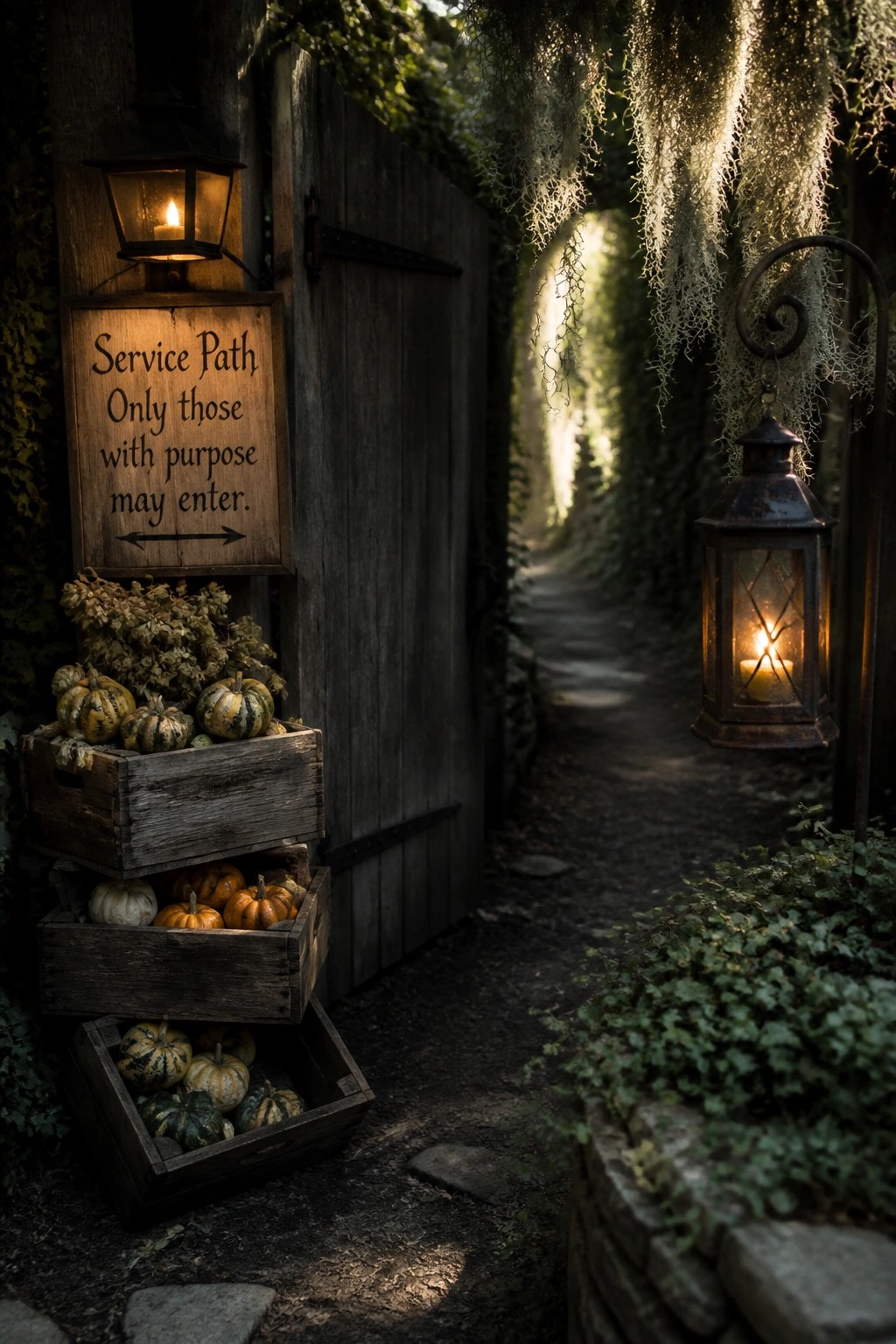 A wooden gate beside stacked crates of pumpkins with a sign reading 