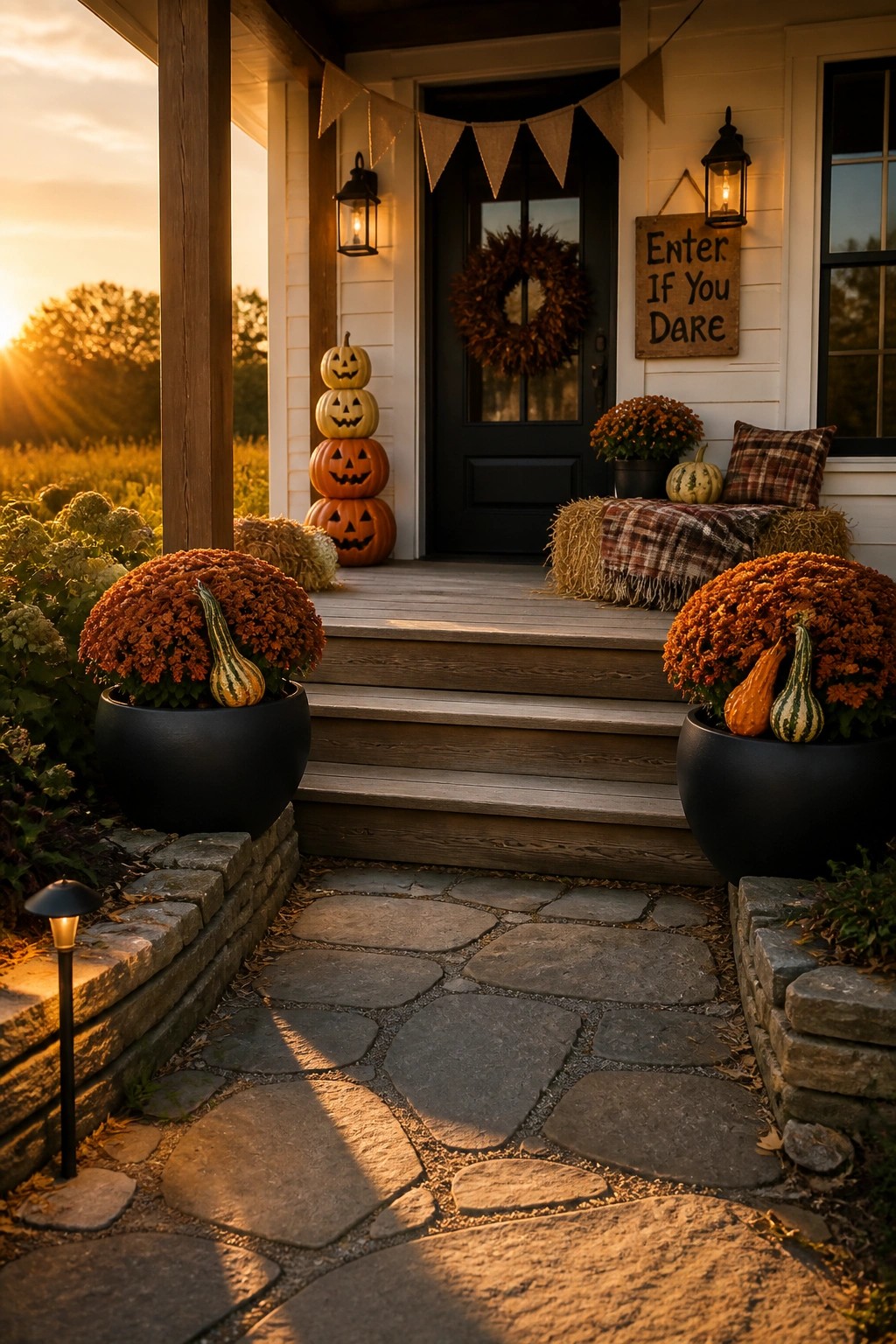 Front porch with stacked carved pumpkins beside a black door, flanked by large black pots of orange mums and gourds, plus a hay bale bench.