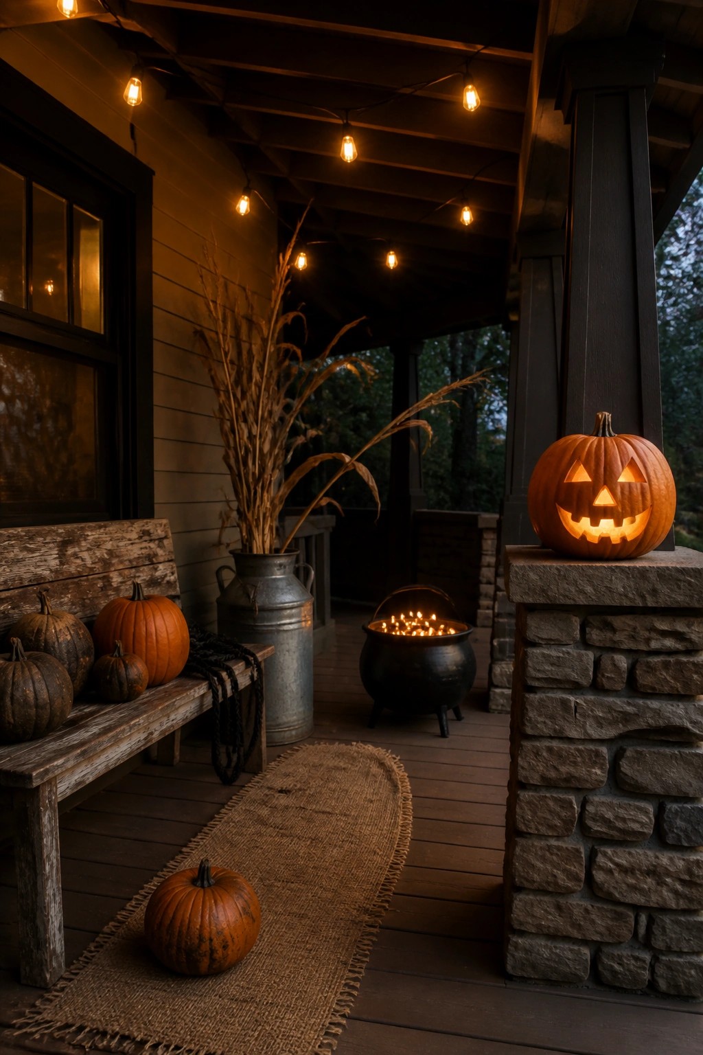 A wooden front porch at dusk with string lights overhead, a glowing jack-o'-lantern on a stone pillar, several pumpkins on a bench and rug, a metal jug with dried corn stalks, and a cauldron filled with candles.