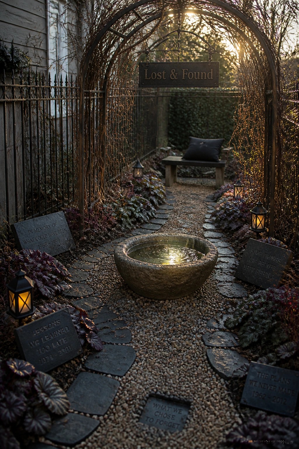 A stone garden path with multiple engraved plaques set among dark foliage, a round water basin in the center, and a vine-covered arch with a hanging sign.