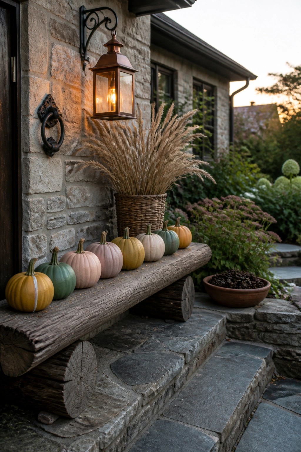A row of pumpkins sits on a rustic wooden bench beside stone steps at the entrance of a stone house with a lit lantern above.