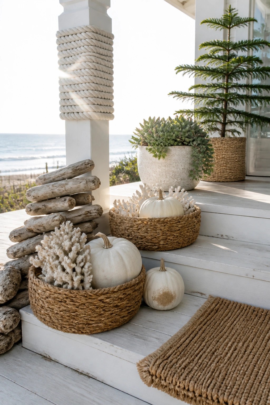 White pumpkins arranged in woven baskets on the steps of a white wooden porch, with coral, driftwood, and a small potted plant nearby.