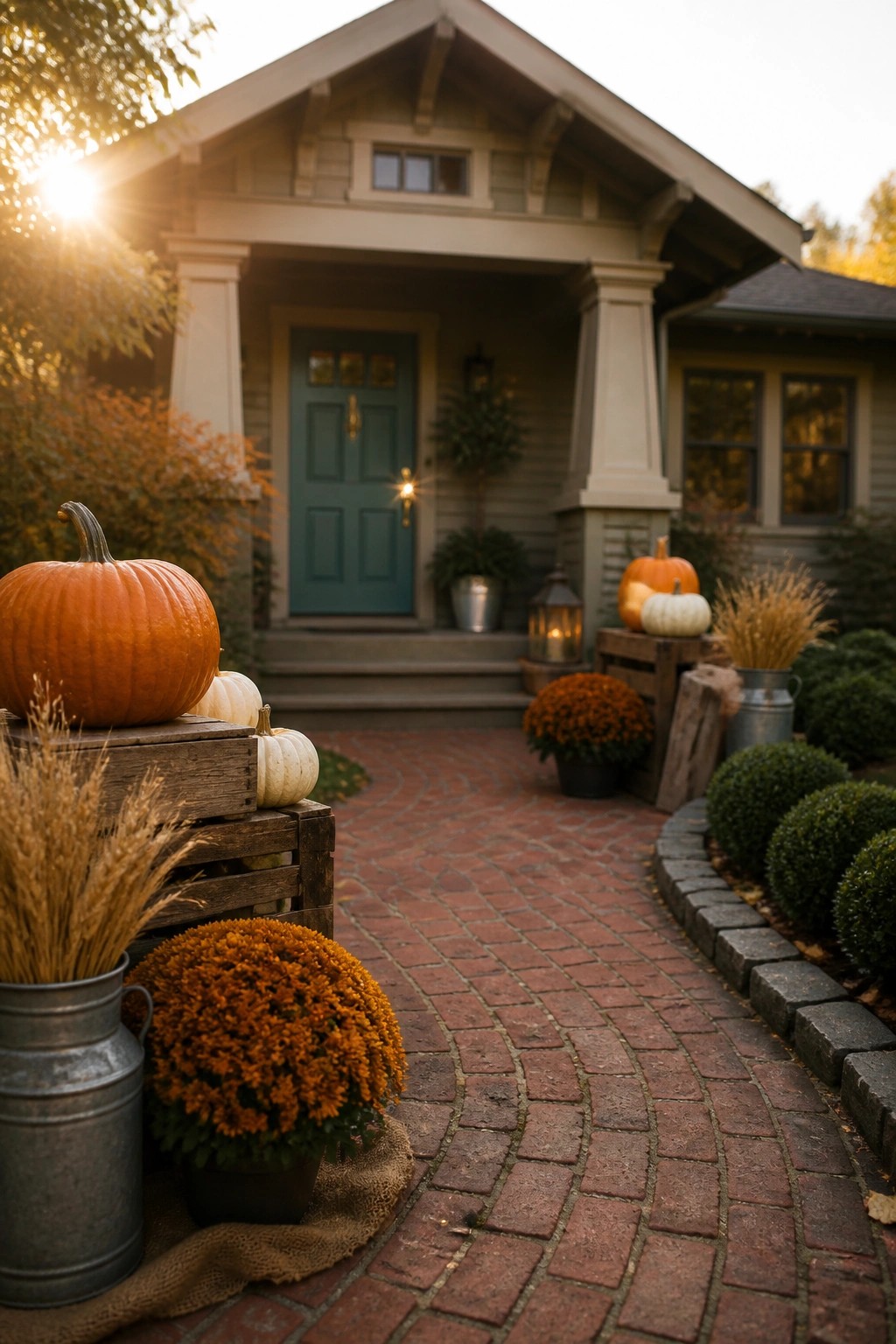 A brick walkway lined with wooden crates holding orange and white pumpkins, potted orange mums, and dried wheat in metal containers, leading to a house with a teal door.