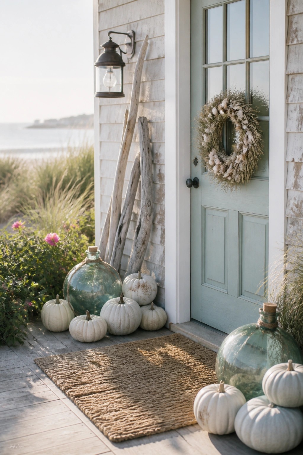 A light blue front door on a white shingled house with white pumpkins clustered on the wooden porch beside glass bottles and driftwood.