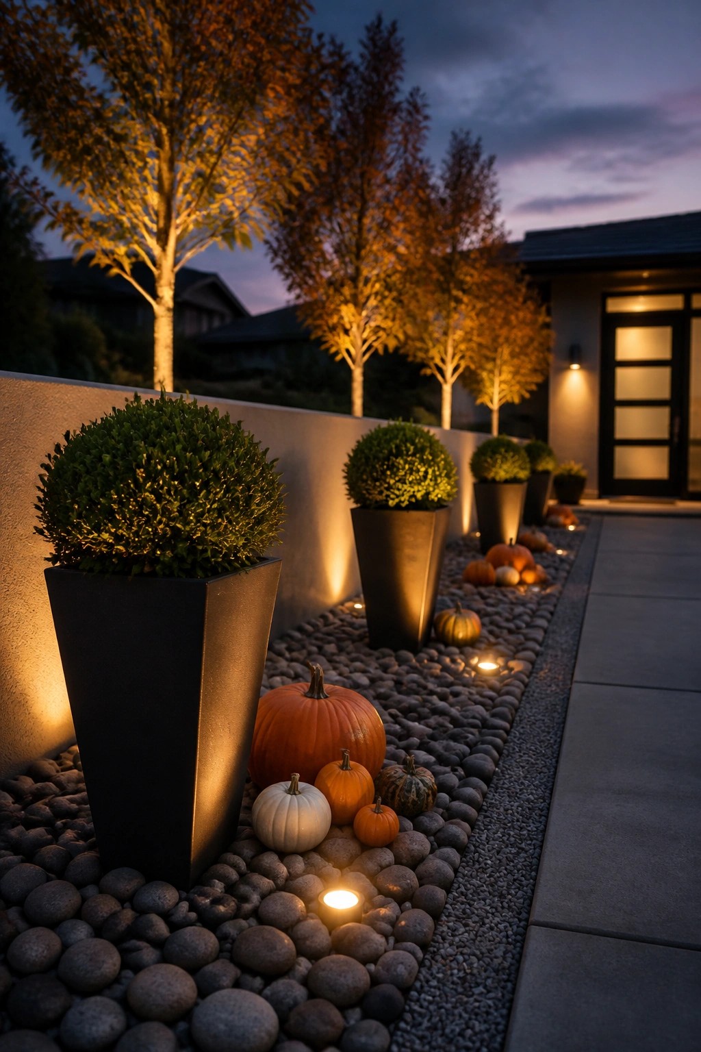 Pumpkins of various sizes placed among gray pebbles and black planters along a lighted gravel path next to a house entrance at dusk.