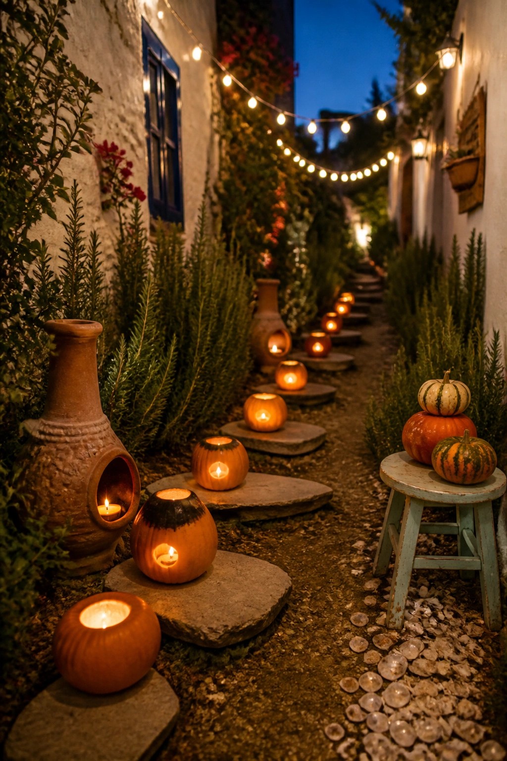 A narrow garden pathway at dusk lined with glowing pumpkin lanterns placed on stone slabs amid green shrubs and overhead string lights.