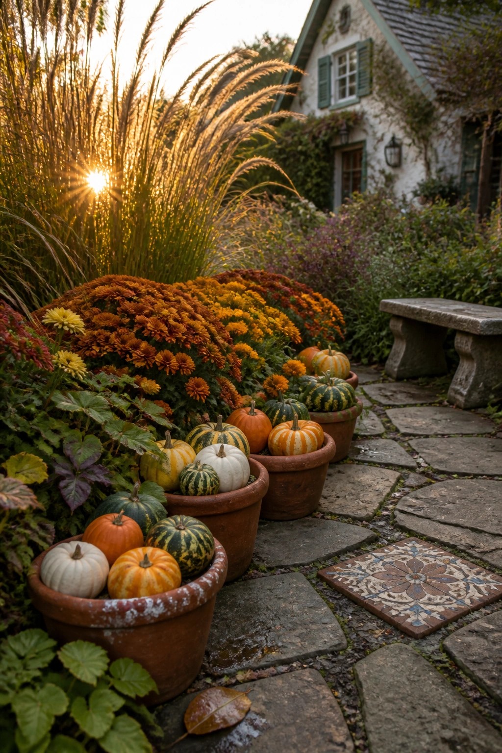 A stone path lined with terracotta pots holding pumpkins and orange flowers beside a white house.