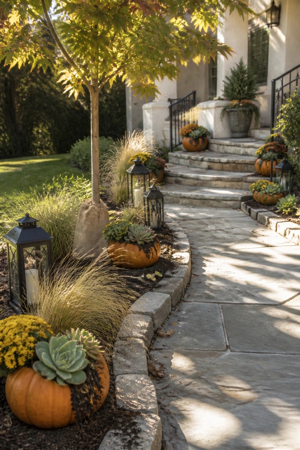 Autumn garden path with pumpkin succulent planters, lanterns, and stone steps to house