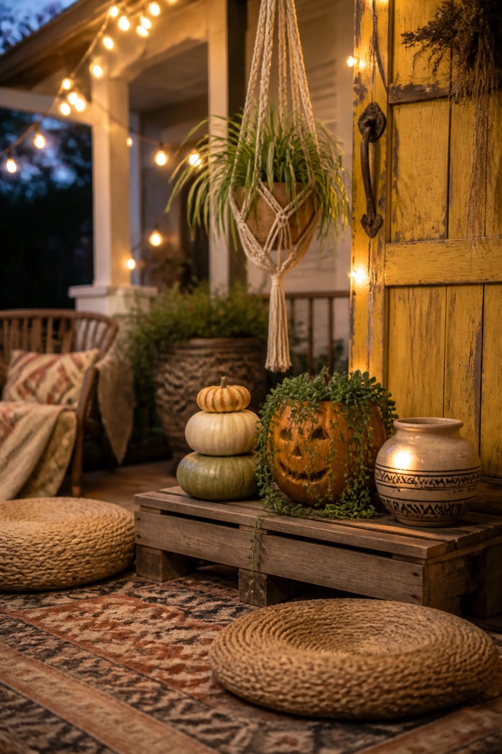 A wooden pallet on a decorated porch holds stacked pumpkins, a carved jack-o'-lantern with vines, and a ceramic vase beside woven floor cushions.