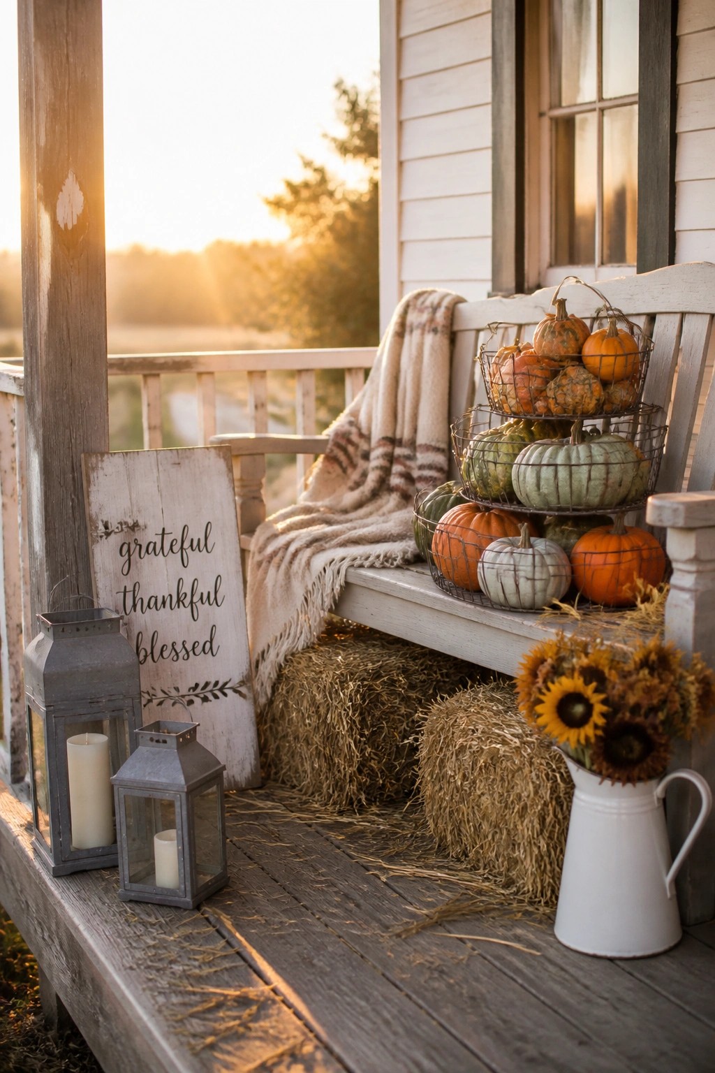 Autumn porch with wire baskets of pumpkins, hay bales, lanterns, and thankful sign at sunset.