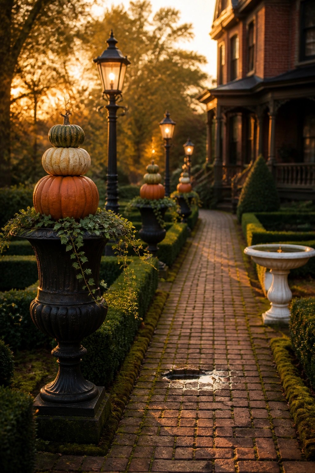 A brick garden path lined with dark urns holding stacked pumpkins of different colors, with black lampposts and hedges leading toward a brick house.