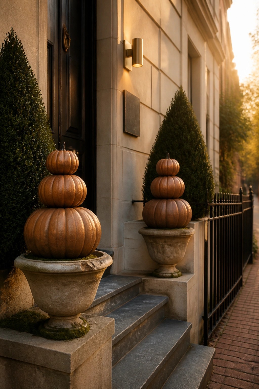 Two stone urns on the front steps of a house, each holding a stack of three orange pumpkins in decreasing sizes.
