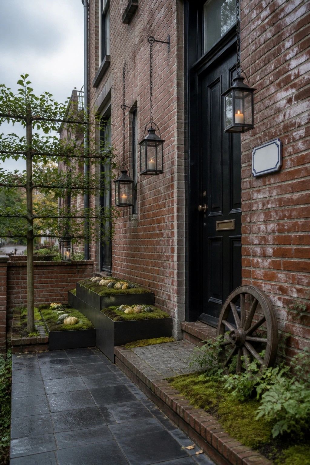 A brick house with black tiered planters containing moss and small pumpkins lining a paved walkway leading to a black front door.