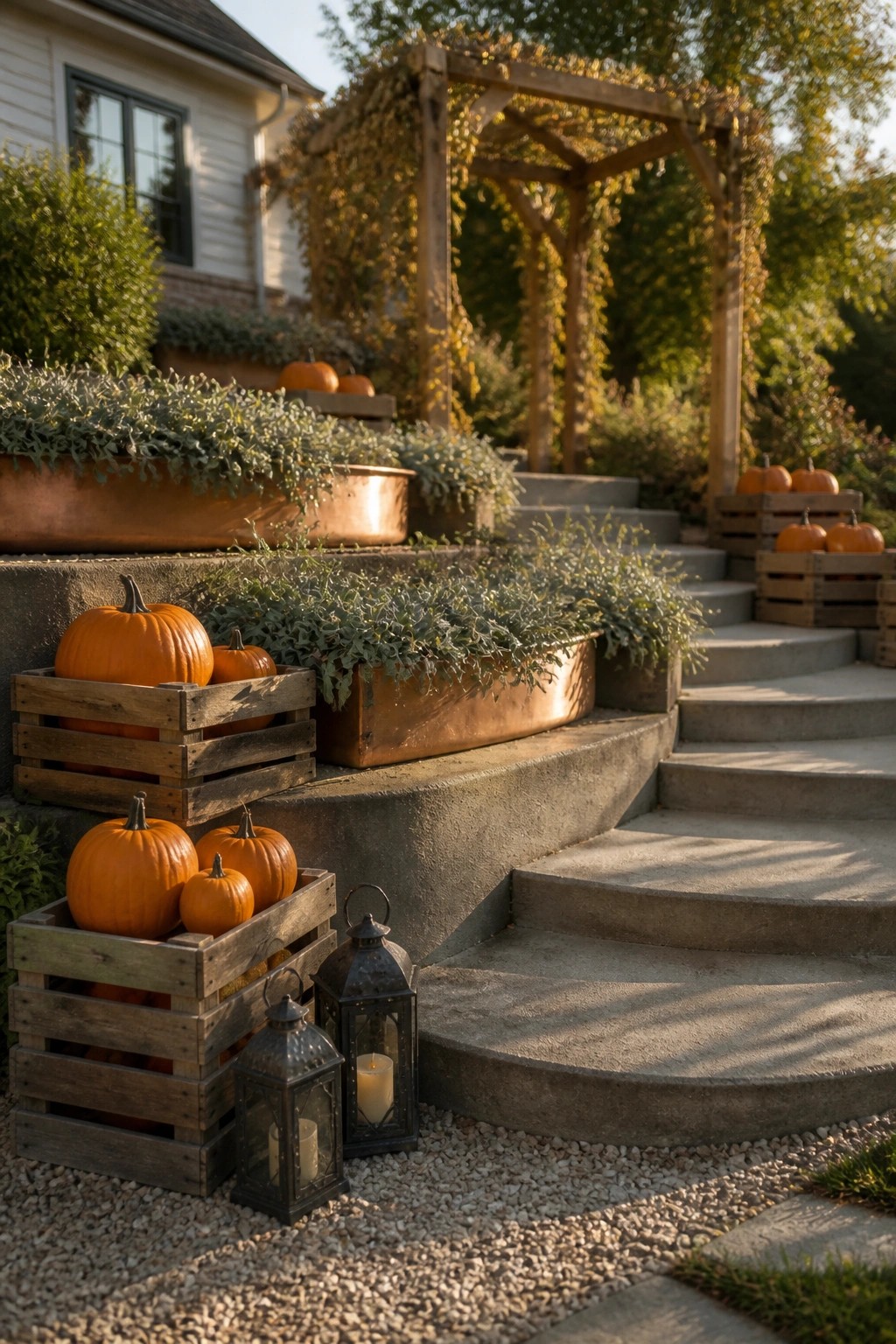 Pumpkins placed inside wooden crates along concrete stairs, with lanterns on gravel and copper planters nearby.