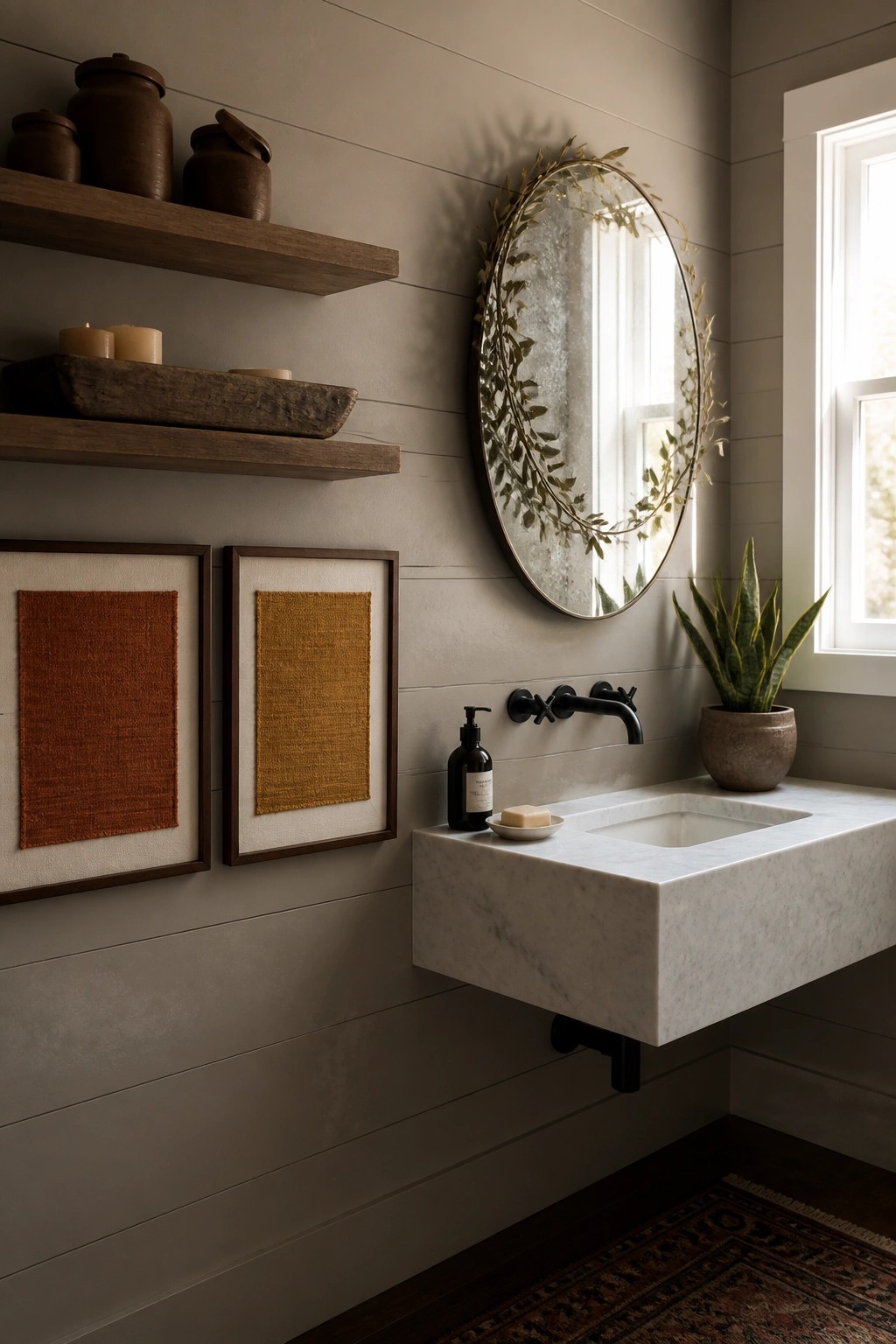 A bathroom interior with two framed woven textiles in orange and mustard hanging on a gray shiplap wall above a floating marble sink.
