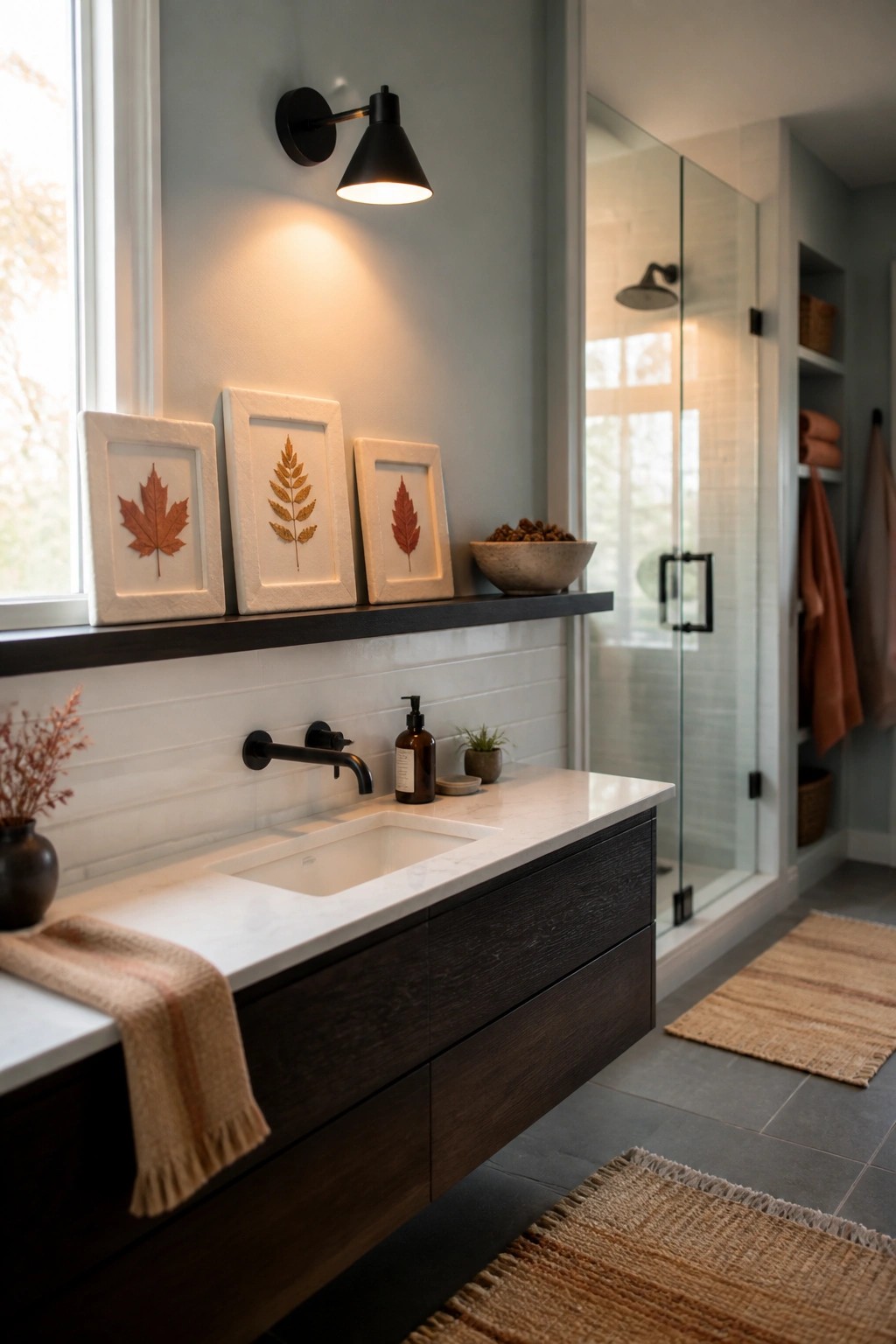A bathroom vanity area with a white marble countertop, dark wood floating drawers, black faucet, and three white-framed pressed leaves arranged on a dark shelf above the sink.