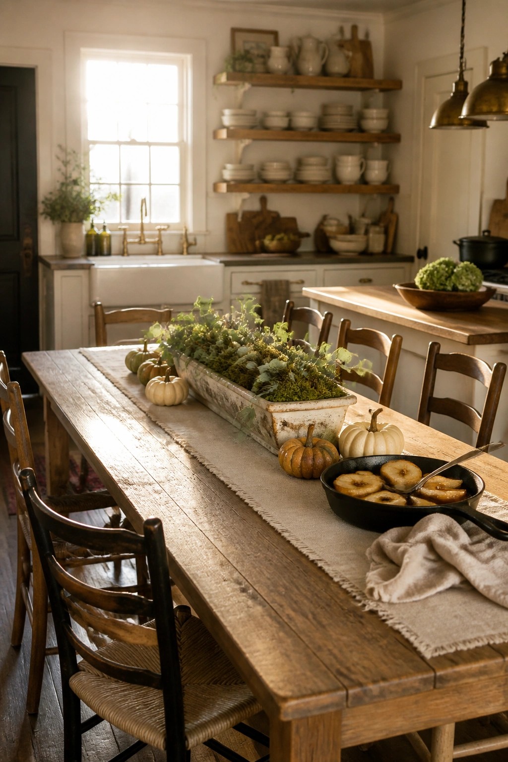 A long rustic wooden table in a kitchen set with a whitewashed trough centerpiece filled with moss and greenery, small pumpkins along a linen runner, and a cast iron skillet of cooked apples at one end.