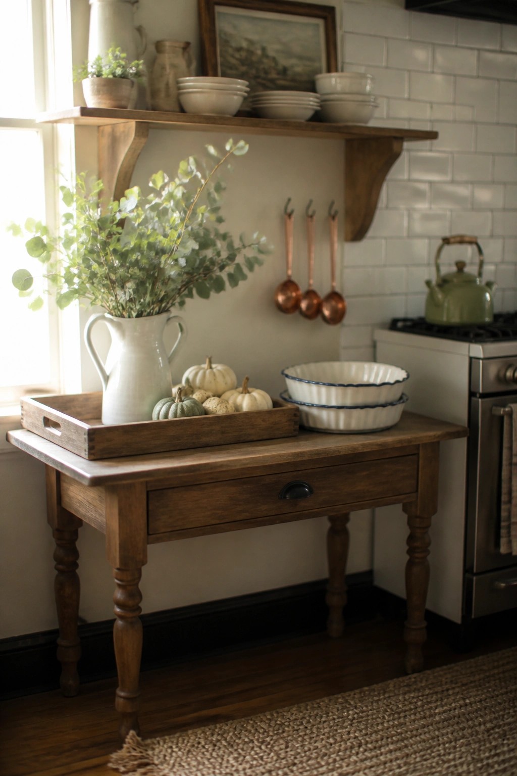 A wooden kitchen table holds a tray with small pumpkins and a white pitcher of greenery, positioned beneath a shelf with stacked white bowls and copper utensils hanging on the wall.