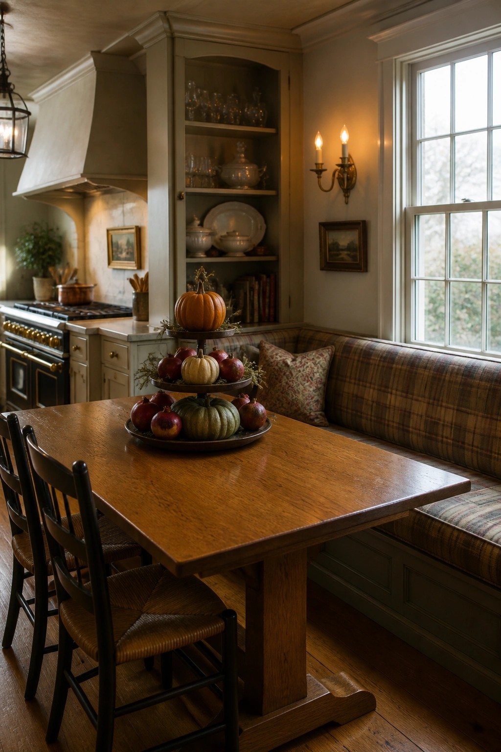 A rustic kitchen interior showing a wooden dining table with a three-tiered stand holding pumpkins and pomegranates, flanked by black chairs and a plaid upholstered bench.