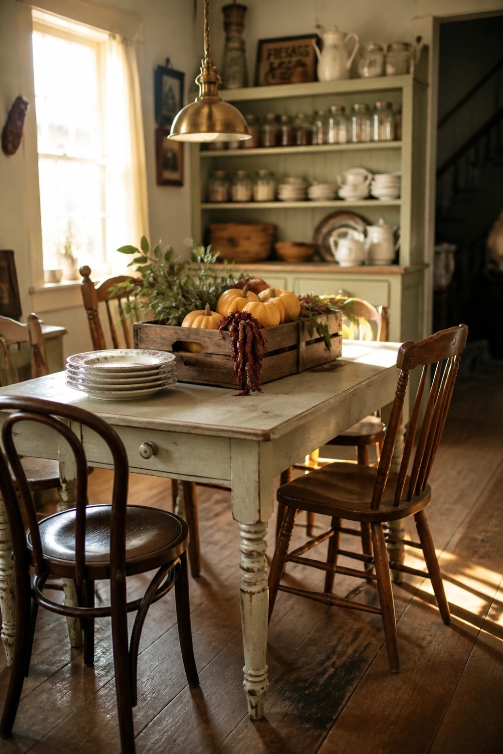 A rustic dining table with wooden chairs holds two wooden crates filled with small pumpkins and dried red foliage as a centerpiece, with a hanging brass light above and green open shelves in the background.