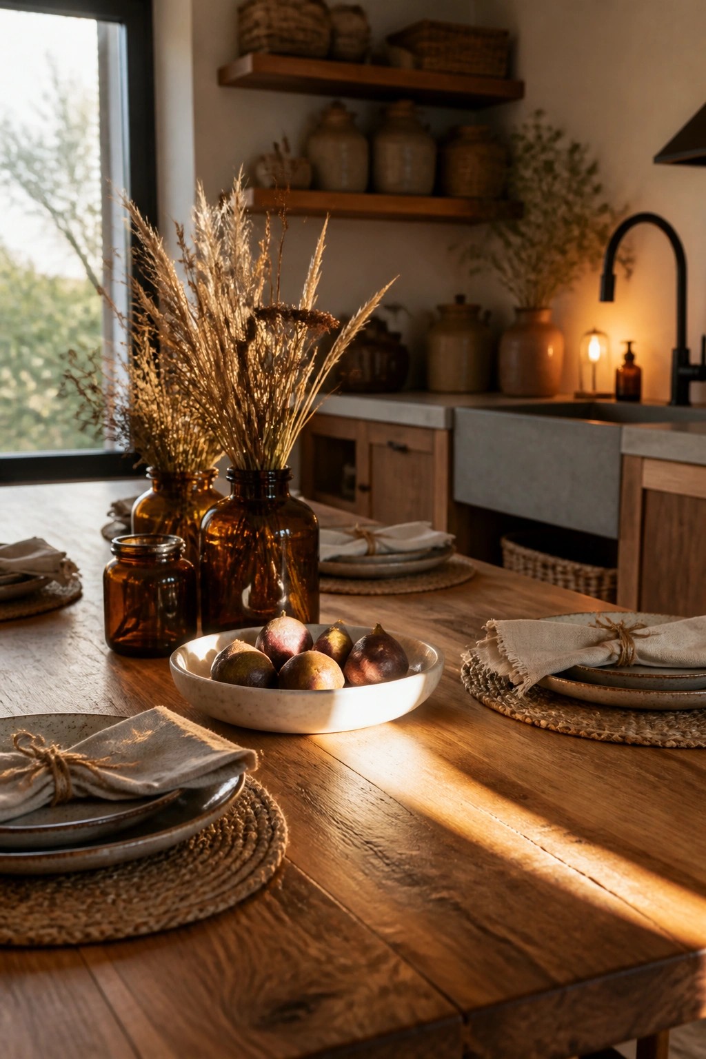 A wooden kitchen table with a centerpiece of dried grasses in brown glass vases, a bowl of figs, and neutral ceramic plates with tied napkins, plus open wooden shelves holding pottery in the background.
