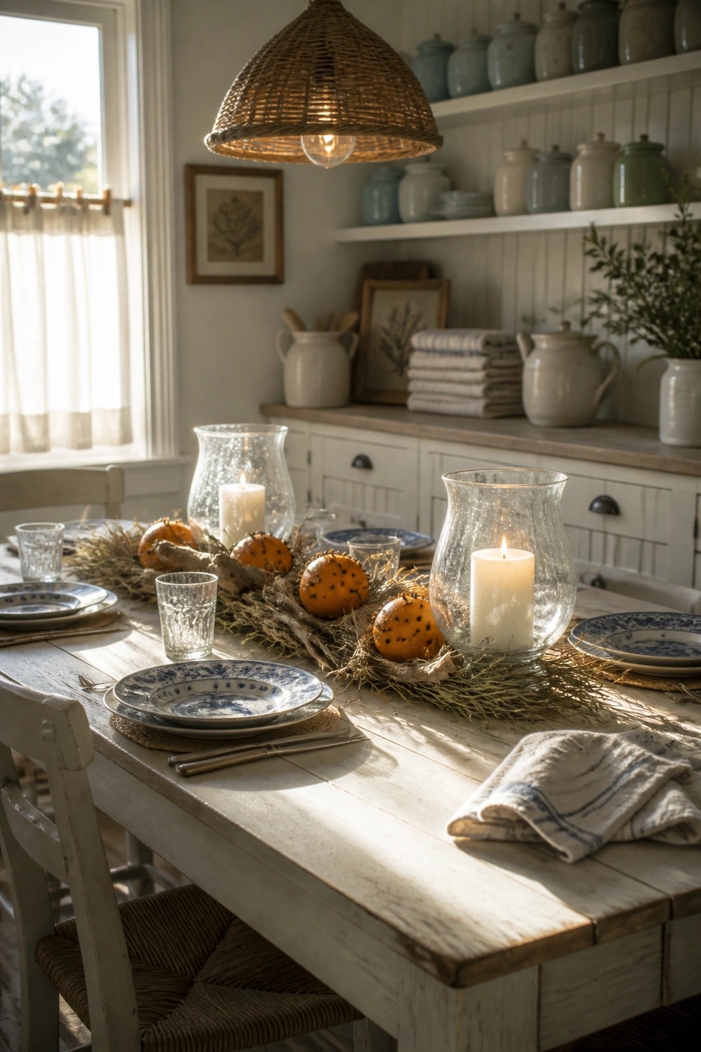 A long wooden dining table with a centerpiece of dried grasses, small orange pumpkins, and lit candles in glass holders, set with blue and white plates and surrounded by open kitchen shelves.