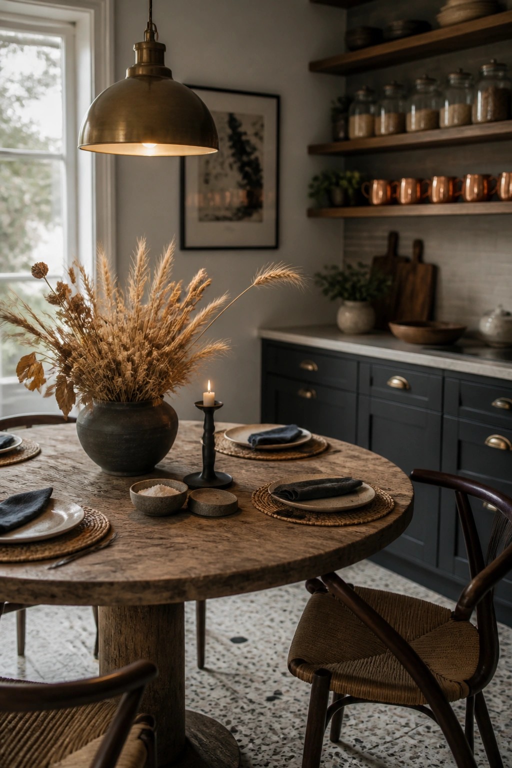 A round wooden dining table with a large vase of dried wheat as centerpiece, surrounded by plates, napkins, and a lit candle in a kitchen with open shelves.