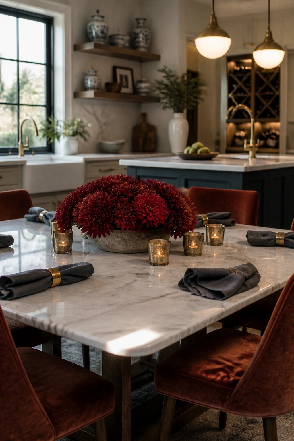 A marble dining table with a large red floral centerpiece, small candles, and gray napkins in a kitchen with blue cabinets and open shelves.