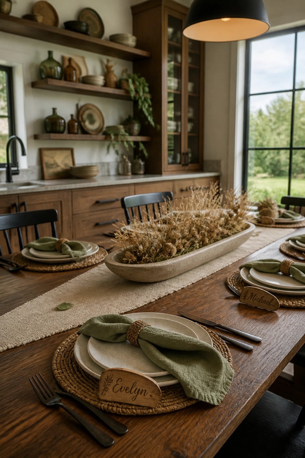 A wooden dining table set with a long oval bowl of dried botanicals, green napkins on woven placemats, black cutlery, and wooden name cards.