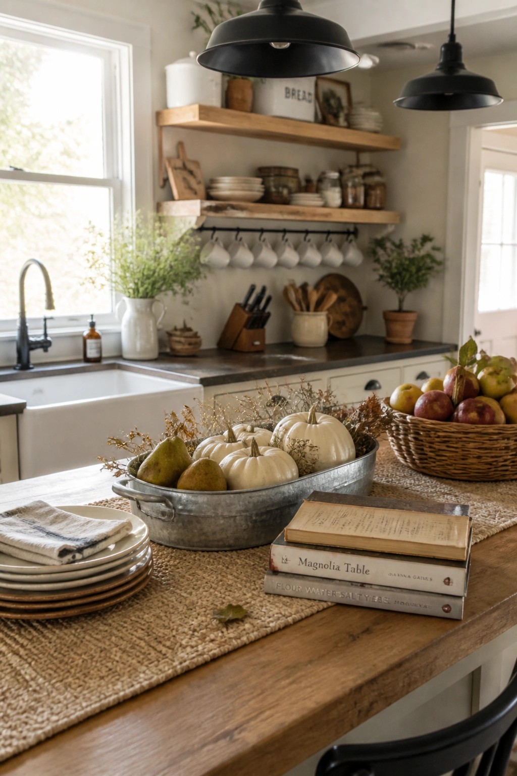 A rustic kitchen table featuring a large galvanized metal tub filled with white pumpkins and pears as a centerpiece, with stacked books, plates, and a basket of apples nearby.