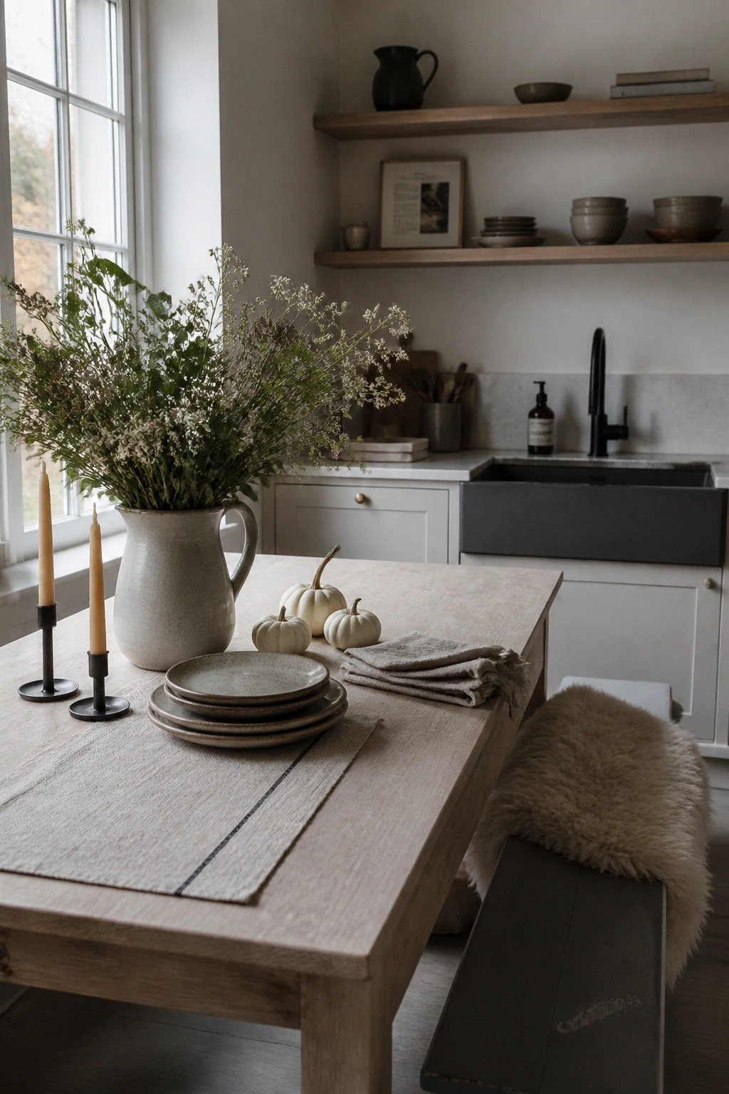 A light wooden kitchen table holds a large ceramic pitcher filled with green foliage and small white flowers, along with stacked ceramic plates, two taper candles, and several small white pumpkins.