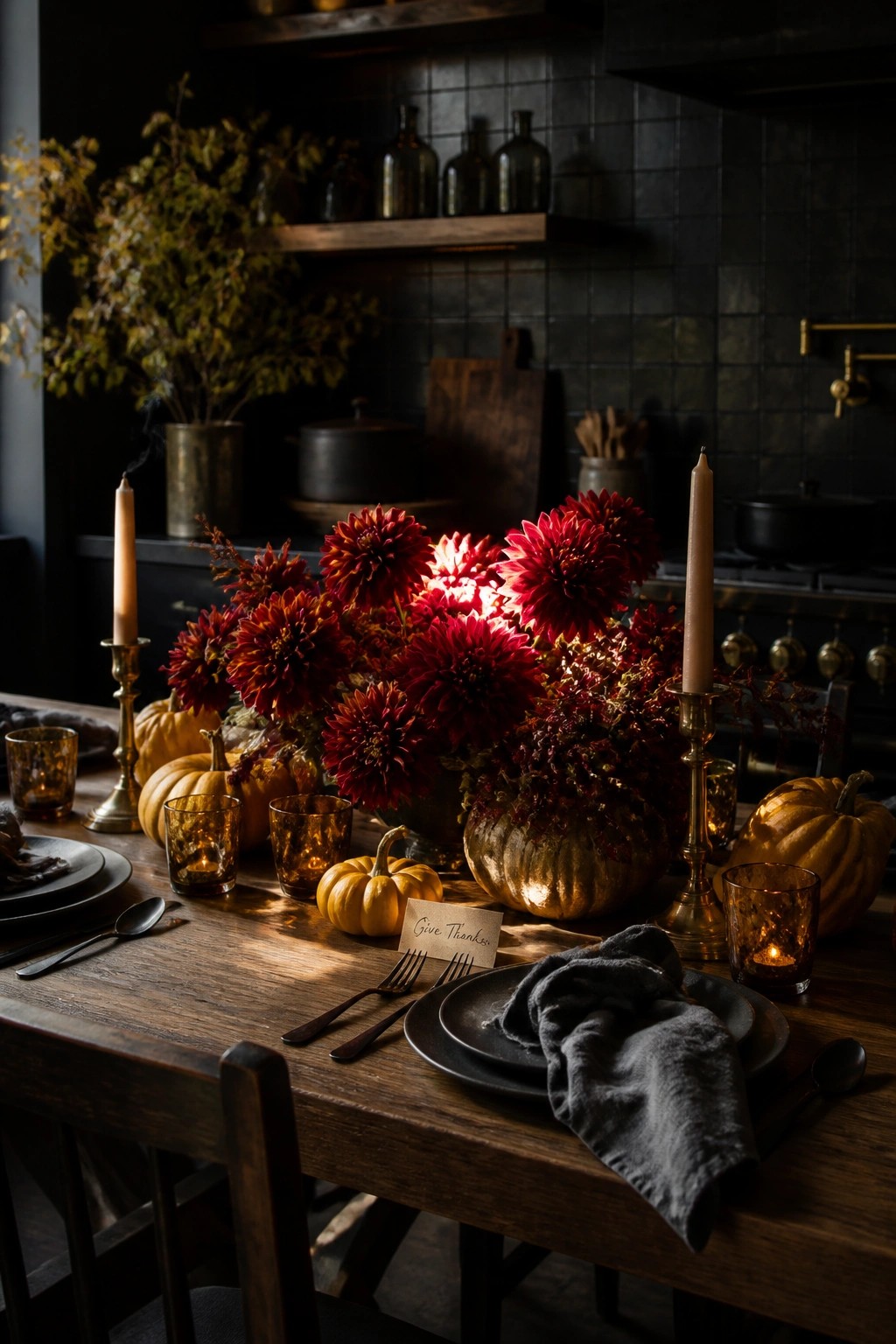Autumn table with red dahlias in golden pumpkin, lit candles, and black plates on dark wood.
