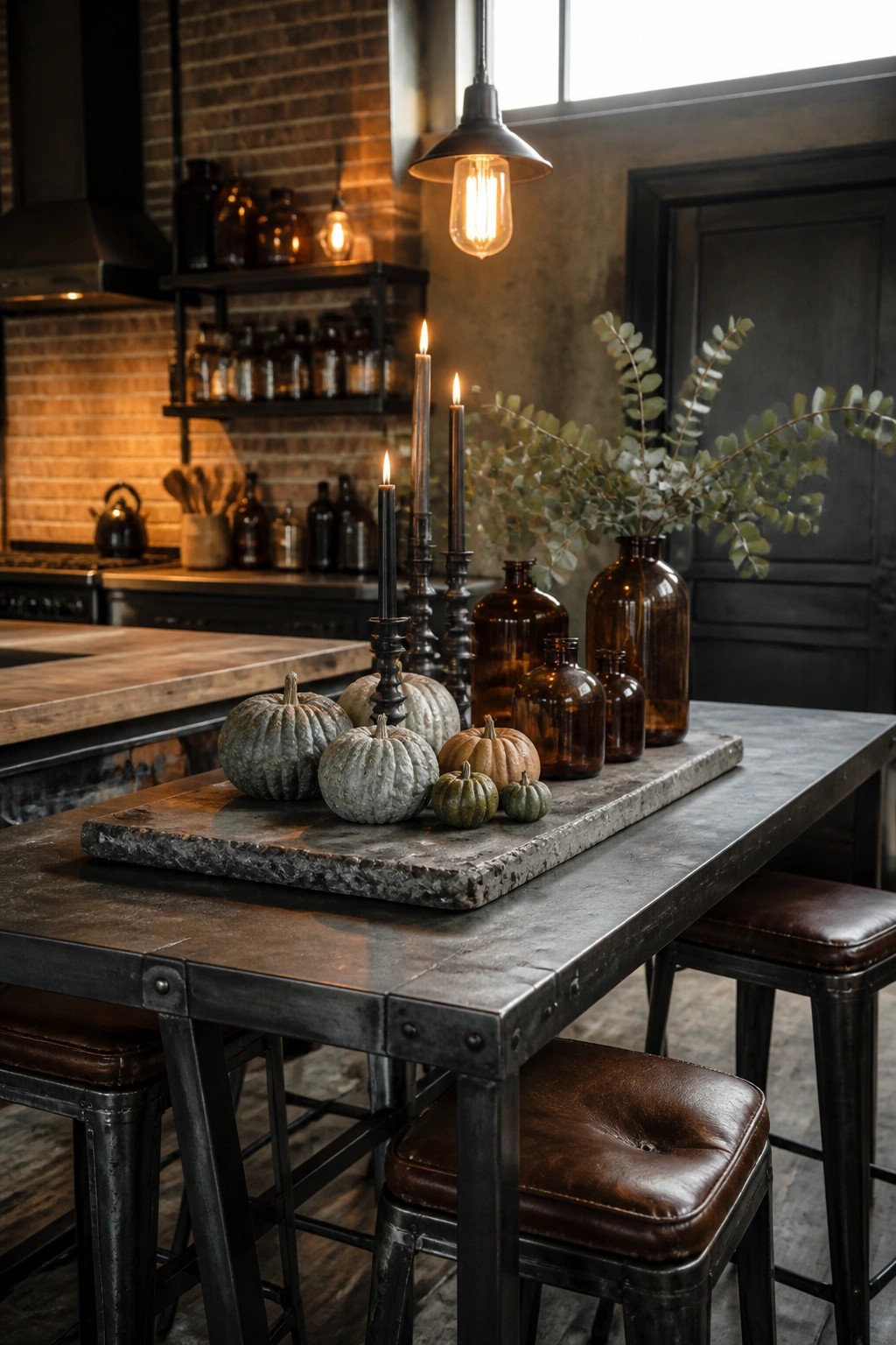 A dark metal kitchen table with small pumpkins, gourds, black taper candles, and brown glass bottles arranged on a stone slab, surrounded by leather stools.