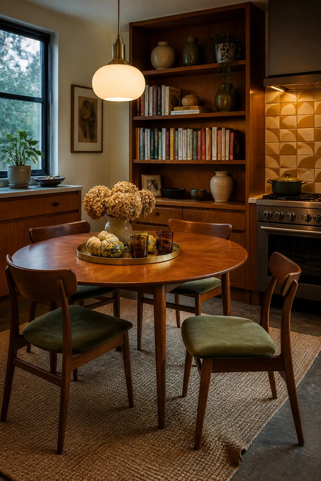 A round wooden dining table with four wooden chairs on a woven rug, set with a brass tray of small gourds and flowers, placed in front of built-in wooden bookshelves next to a kitchen stove.