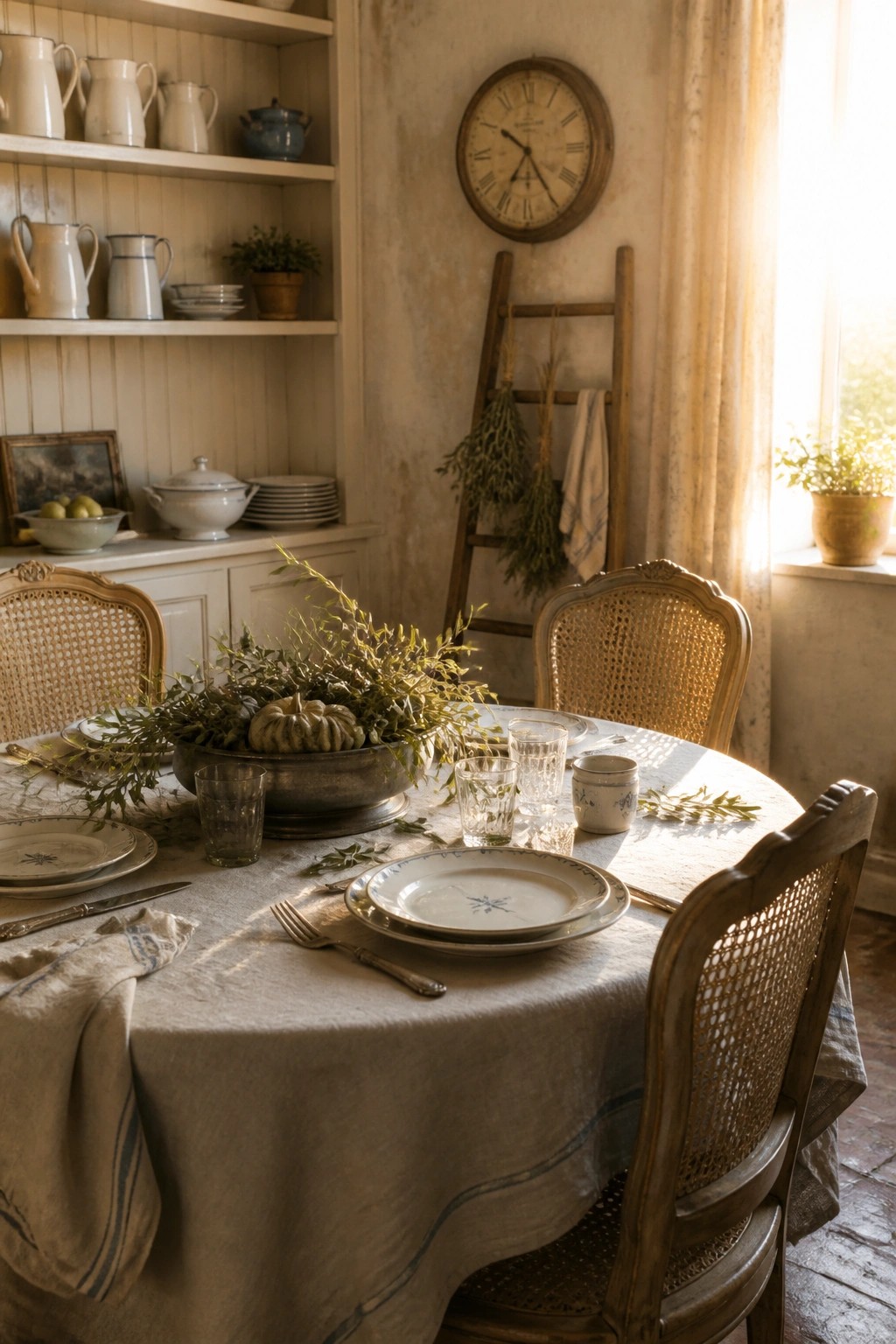 A round dining table set for a meal with a large metal bowl centerpiece holding greenery and a small pumpkin, surrounded by plates, glasses, and silverware in a room with open white shelves and cane-back chairs.
