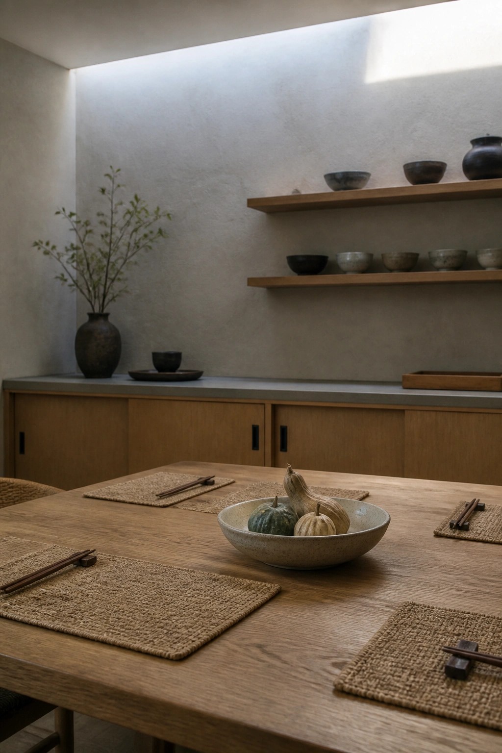 Minimalist wooden dining table with woven placemats, chopsticks, and bowl of gourds