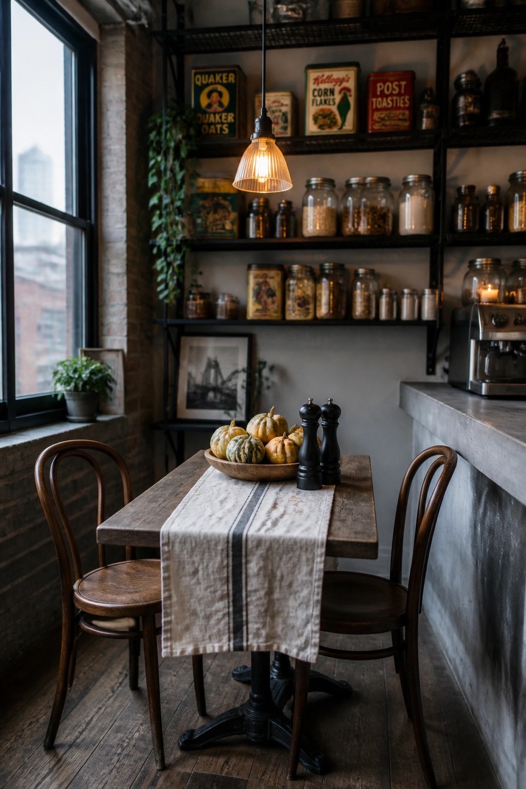 A wooden dining table with a striped runner holds a bowl of small pumpkins and black salt and pepper shakers, set in front of open black shelves displaying vintage tins and glass jars.